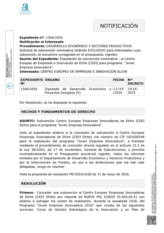Subvenci�n nominativa CEEI Elche-Diputaci�n Alicante 2026