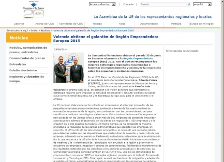 Valencia obtiene el galard�n de Regi�n Emprendedora Europea 2015